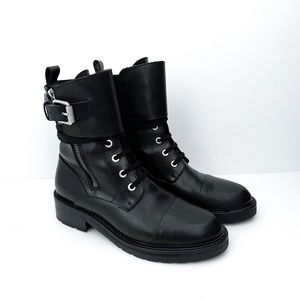 All Saints Daria Biker Buckle Lace Up Side Zipper Black Leather Combat Boots